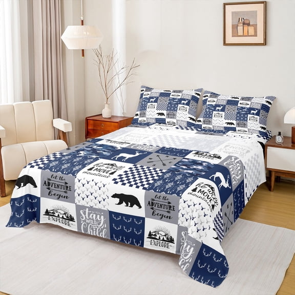 Manfei Wild Moose Deer Twin Sheet Sets 3pcs, Rustic Lodge Cabin Farmhouse Twin Fitted Sheet, Gray Blue White Plaid Checkered Flat Sheet, Ultra Soft Home Decor