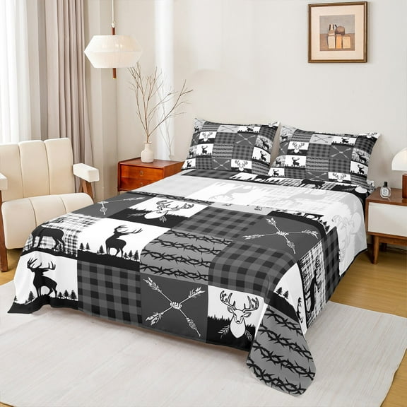 Manfei Wild Moose Deer Twin Sheet Sets 3pcs, Rustic Lodge Cabin Farmhouse Twin Fitted Sheet, Gray White Plaid Checkered Flat Sheet, Lightweight Room Decor