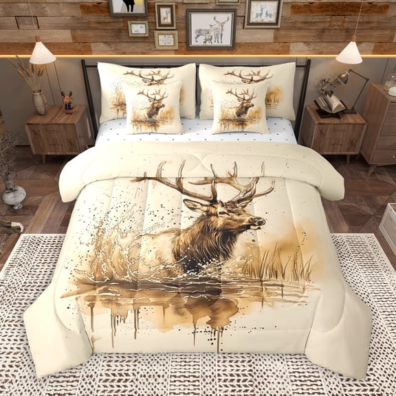 Manfei Wild Moose Elk 7-Piece Twin Bedding Sets,Jungle Animal Bedding Comforter Set,Retro Rustic Farmhouse Sheet Sets For Boys,Breathable Home Decor Reversible