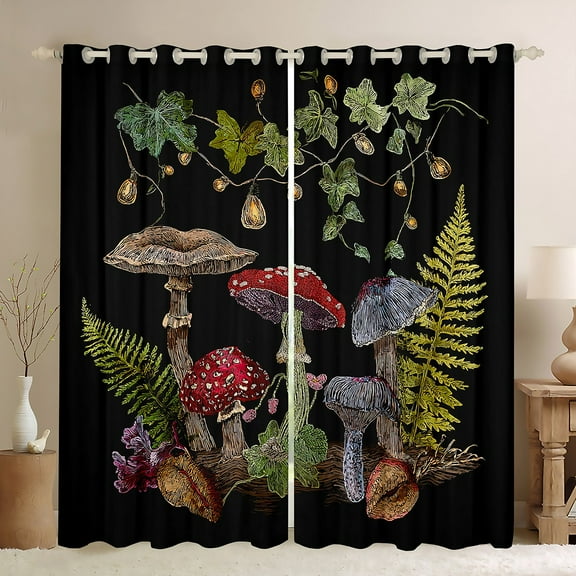 Manfei Wild Mushroom Black Out Curtains, Botanical Plant Curtains Pack of 2 (42x63 Each), Vintage Embroidery Style Bedroom Curtains, Luxury Bedroom Decor
