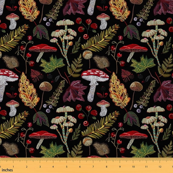 Manfei Wild Mushroom Sewing & Crafting Fabric (3 Yards), Botanical Leaves Home Decor Fabric by the Yard, Plant DIY Fabric
