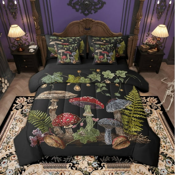 Manfei Wild Mushroom Twin Bedding Sets, Botanical Plant Bedding Comforter Set, Vintage Embroidery Style Sheet Sets, Microfiber Bedroom Decor Reversible 7 Pieces