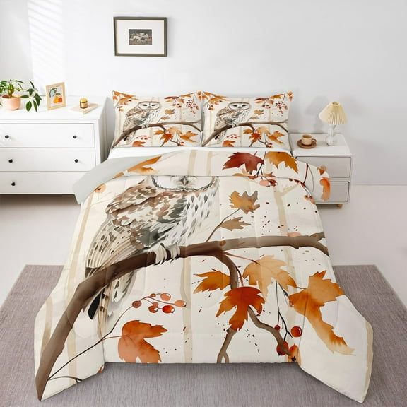 Manfei Wild Owl Queen Comforter Set,Autumn Maples Bedding Sets,Hello Fall Bedding Comforter Set For Boys,Microfiber Bedroom Decor Reversible,3 Pieces