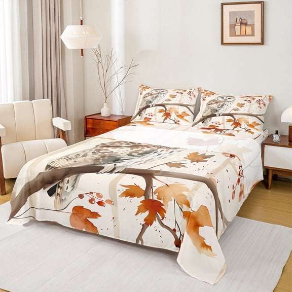 Manfei Wild Owl Twin Sheet Sets,Autumn Maples Twin Fitted Sheet,Hello Fall Flat Sheet For Boys,Microfiber Bedroom Decor,3pcs