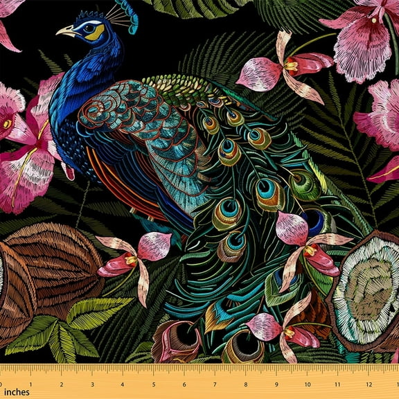 Manfei Wild Peacock Fabric by the Yard (1 Yard), Pink Tropical Floral Decorative Fabric by the Yard, Animal Themed Sewing & Crafting Fabric