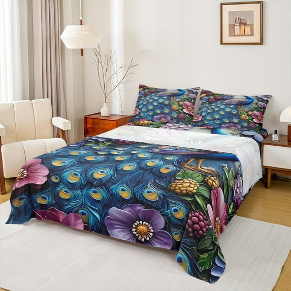 Manfei Wild Peacock Full Size Sheets for Girls, Blue Aesthetic Feathers Bed Sheets, Colorful Flower Floral Sheet Sets, Lightweight Room Decor 4pcs