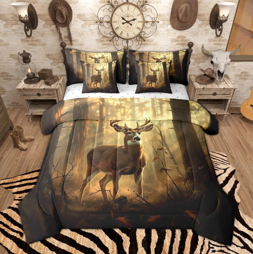 Manfei Wild Reindeer Twin Bedding Sets 7Piece, Rustic Lodge Cabin