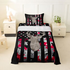 Manfei Wild Reindeer Twin Sheets,Red Camo Usa Flag Bedding,3pcs,1 Fitted Sheet and 1 Pillowcase