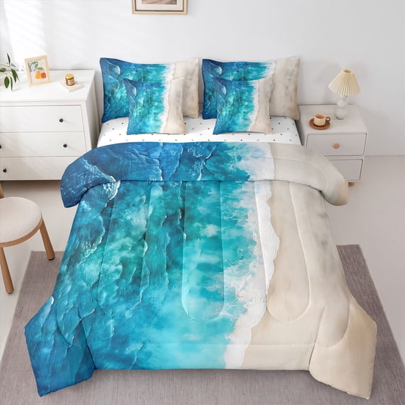 Manfei Wild Sea Waves 7pcs Queen Bedding,Calm Sand Beach Bedding Comforter Set Queen,Blue,Reversible