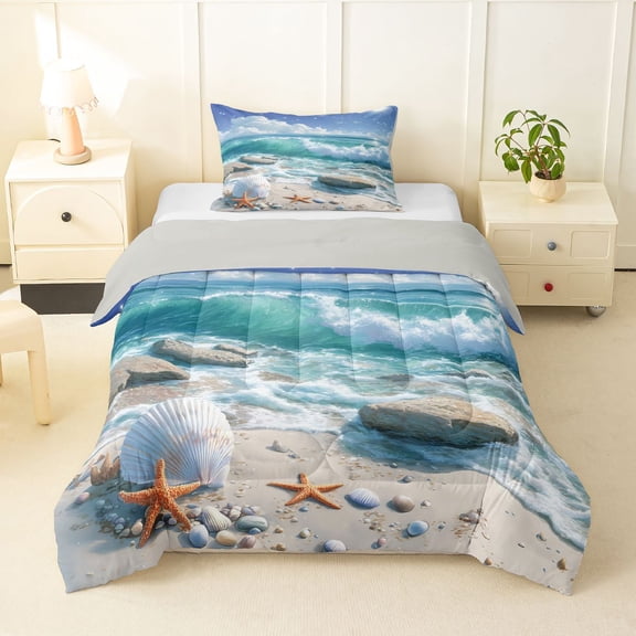 Manfei Wild Sea Waves Twin Comforter Sets,Lovely Seashell Bedding Set,Blue,Light Gray Reversible,2pcs,1 Comforter and 1 Pillowcase