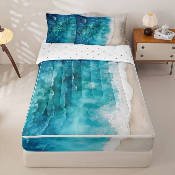 Manfei Wild Sea Waves Zipper Full Size Comforter Sets with Fitted Sheet and 2 Pillowcases,Calm Sand Beach Zipper Bedding Set,Blue,Reversible,4pcs