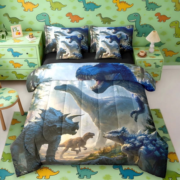 Manfei Wild T-Rex Animals 7 Pieces Full Size Bedding Sets,Retro Triceratops Dinosaur Full Size Bed in a Bag,Blue Yellow,Black Reversible