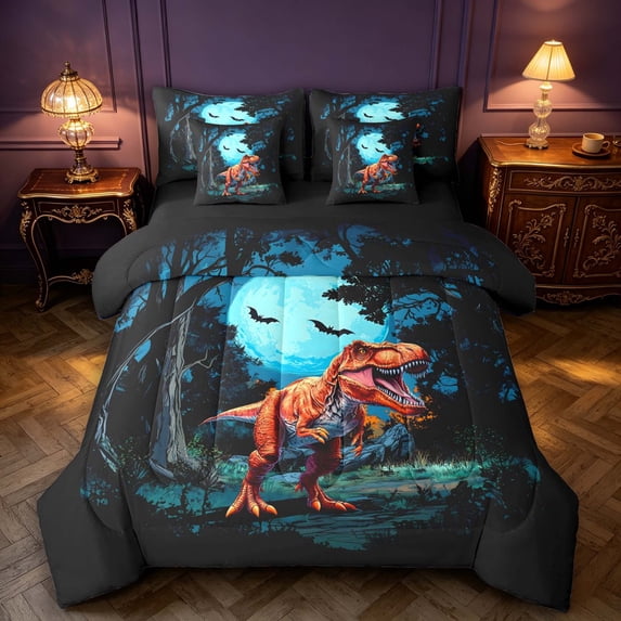 Manfei Wild T-Rex Animals 7pcs Queen Bedding,Retro Trees Moon Bat Bedding Comforter Set Queen,Blue Black,Black Reversible