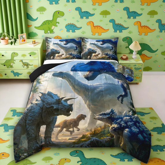Manfei Wild T-Rex Animals King Size Comforter Sets,Retro Triceratops Dinosaur Comforters King Size,Blue Yellow,Black Reversible,3pcs,1 Comforter and 2 Pillowcases