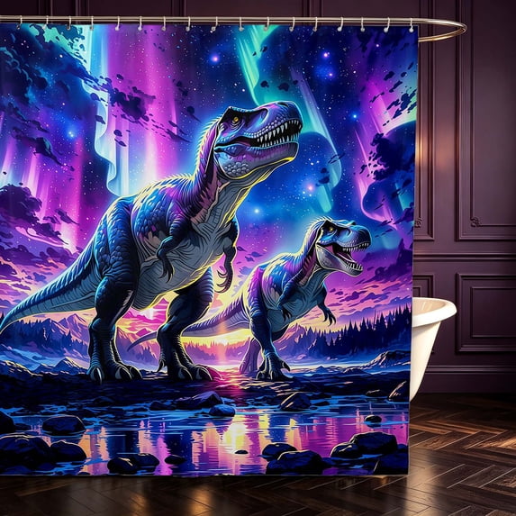 Manfei Wild T-Rex Animals Shower Curtain 72Wx72L,Retro Starry Sky Aurora Bathroom Curtain,Blue Pink