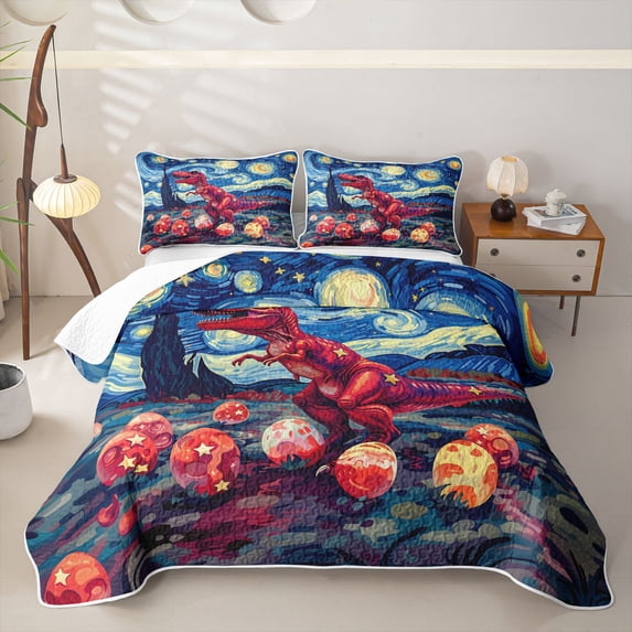 Manfei Wild T-Rex Bed Spread Queen,Retro Cloud Stars Animals Egg Queen Coverlet Set,Blue Red,3-Piece,1 Quilt and 2 Pillowcases