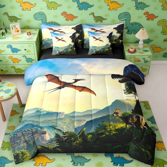 Manfei Wild T-Rex Dino 7-Piece Twin Bedding,Retro Jungle Pterosaur Bedding Comforter Set,Yellow Blue,Black Reversible