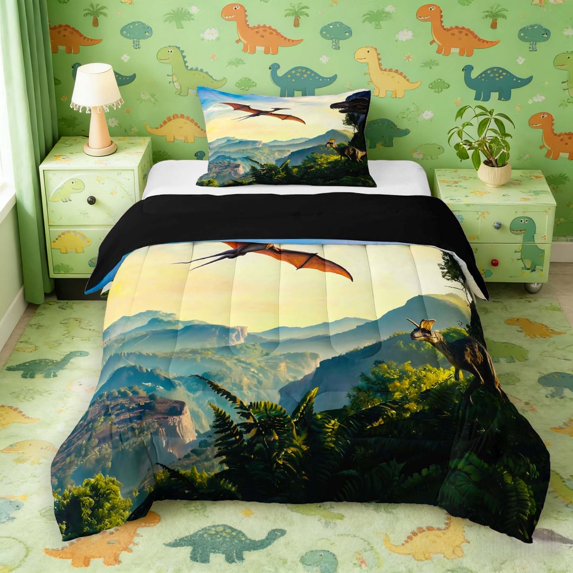 Manfei Wild T-Rex Dino Twin Comforter Sets,Retro Jungle Pterosaur Bedding Set,Yellow Blue,Black Reversible,2pcs,1 Comforter and 1 Pillowcase