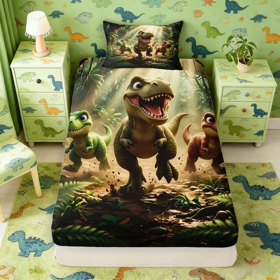 Manfei Wild T-Rex Dino Twin Fitted Sheet,Retro Jungle Animals Bedding,Green Brown,2 Pieces,1 Fitted Sheet and 1 Pillowcase