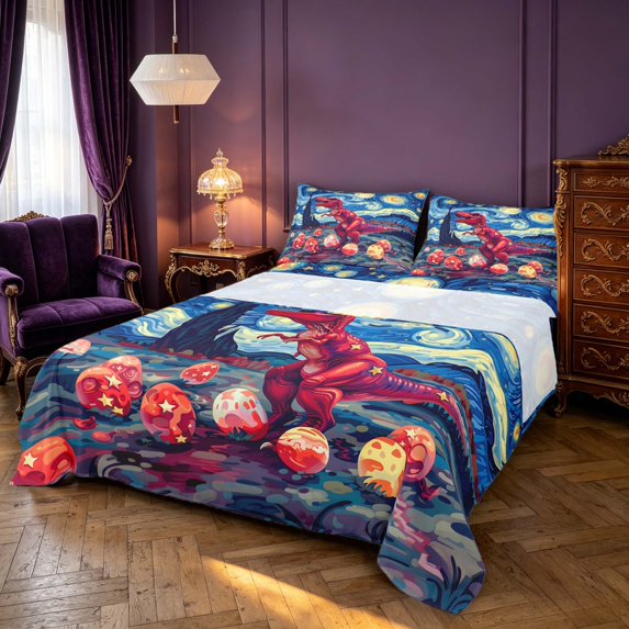 Manfei Wild T-Rex Queen Sheets,Retro Cloud Stars Animals Egg Queen Sheet Sets,Blue Red,4-Piece,1 Flat Sheet,1 Fitted Sheet and 2 Pillowcases