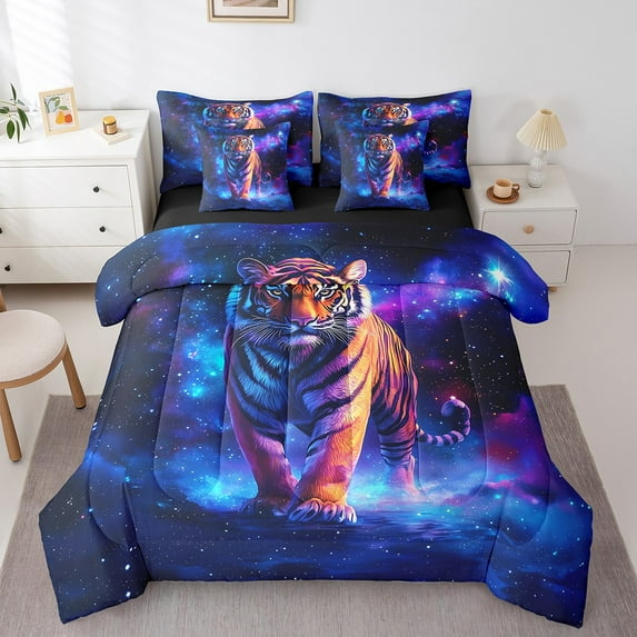 Manfei Wild Tiger Bedding Comforter Set 7-Piece,Jungle Wildlife Queen Bedding Sets,Purple Aurora Queen Sheet Sets,Lightweight Bedroom Decor Reversible