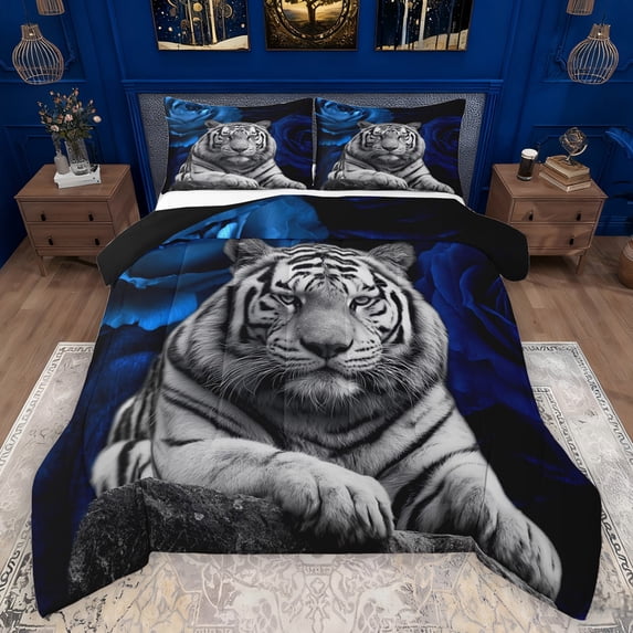 Manfei Wild Tiger Pattern Full Size Comforter Sets,Rustic Farmhouse Cabin Bedding Comforter Set,Blue Gray Bedding Sets For Boys Kids,Super Cozy Room Decor Reversible,3 Pieces