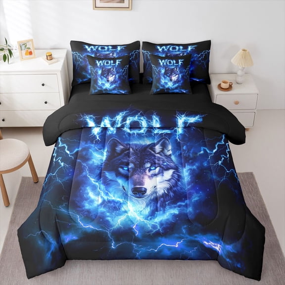 Manfei Wild Wolf 7-Piece King Bedding,Blue Fire Pattern King Bed in a Bag,Black Reversible