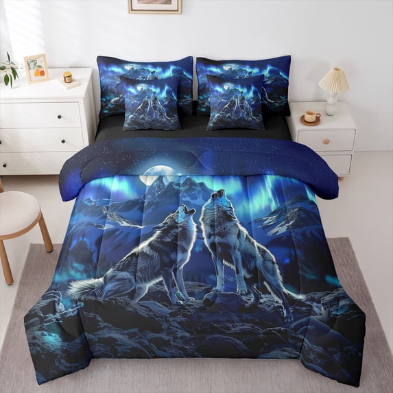 Manfei Wild Wolf 7-Piece Twin Bedding,Moon Mountain Bedding Comforter Set,Blue,Black Reversible
