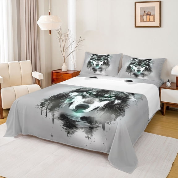 Manfei Wild Wolf Bed Sheets,Vintage Wildlife Full Size Sheets,Light Gray,4pcs,1 Flat Sheet, 1 Fitted Sheet and 2 Pillowcases