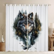 Manfei Wild Wolf Kitchen Curtains,Woodland Scene Black Out Curtains Pack of 2 42x63 Each,White
