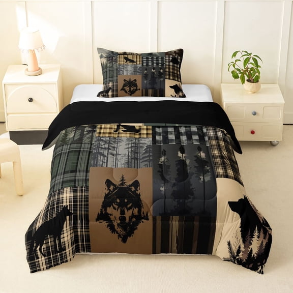 Manfei Wild Wolf Twin Comforter Sets,Dark Woodland Bedding Set,Green,Black Reversible,2-Piece,1 Comforter and 1 Pillowcase