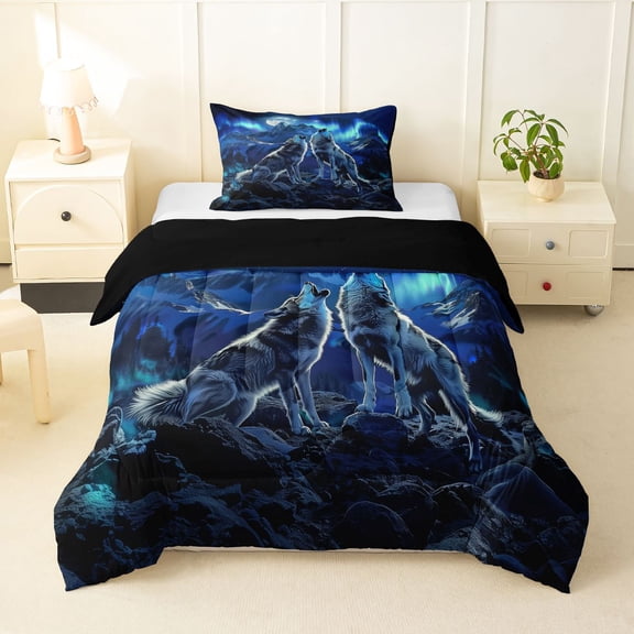Manfei Wild Wolf Twin Comforter Sets,Moon Mountain Bedding Set,Blue,Black Reversible,2 Pieces,1 Comforter and 1 Pillowcase