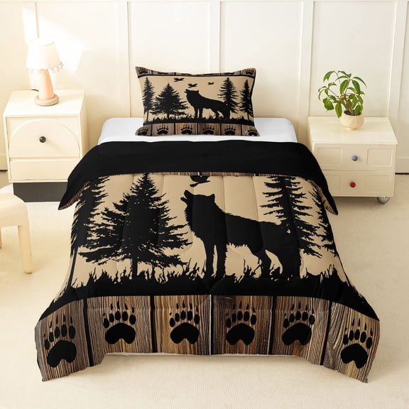 Manfei Wild Wolf Twin Comforter Sets,Woodland Bird Bedding Set,Brown,Black Reversible,2pcs,1 Comforter and 1 Pillowcase