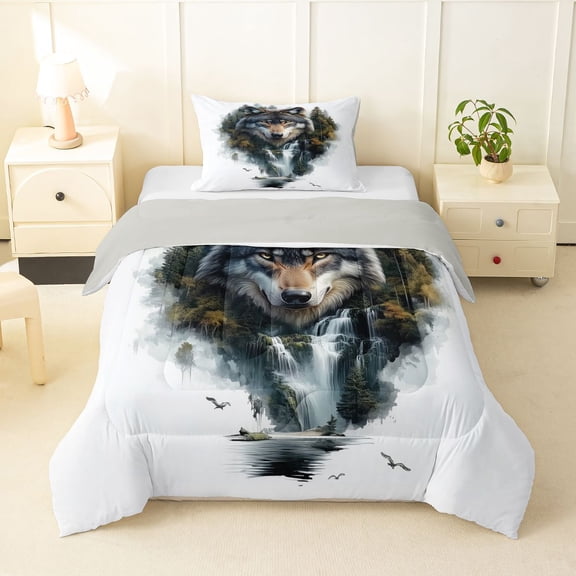 Manfei Wild Wolf Twin Comforter Sets,Woodland Scene Bedding Set,White,Light Gray Reversible,2 Pieces,1 Comforter and 1 Pillowcase