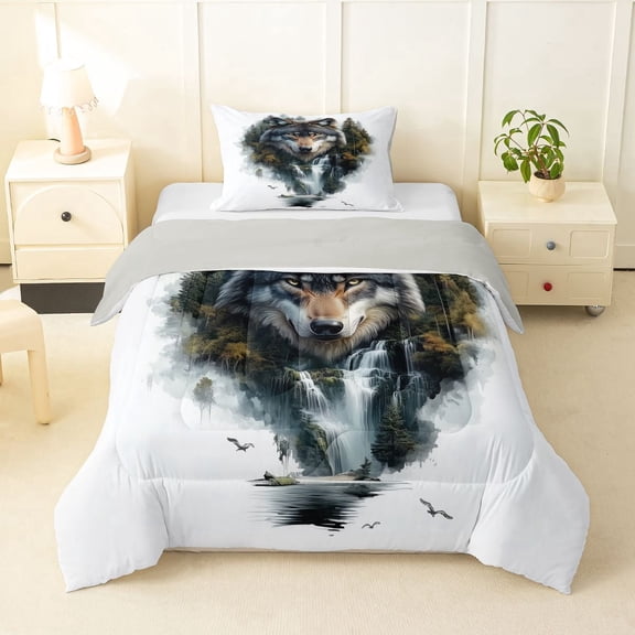 Manfei Wild Wolf Twin Comforter Sets,Woodland Scene Bedding Set,White,Light Gray Reversible,2 Pieces,1 Comforter and 1 Pillowcase