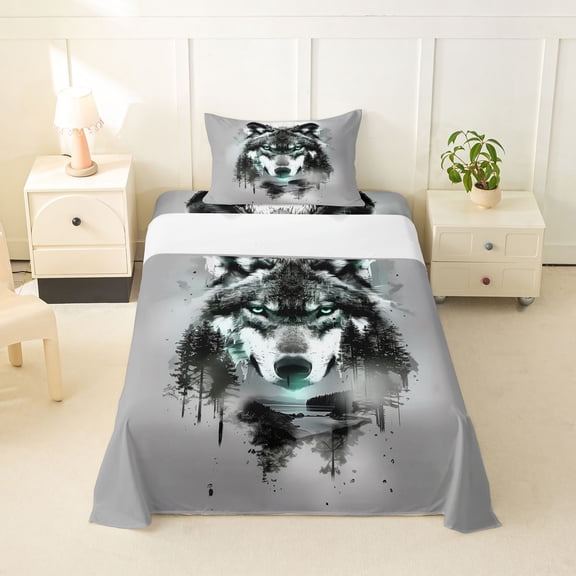 Manfei Wild Wolf Twin Sheets,Vintage Wildlife Bedding,Light Gray,3 Pieces,1 Fitted Sheet and 1 Pillowcase