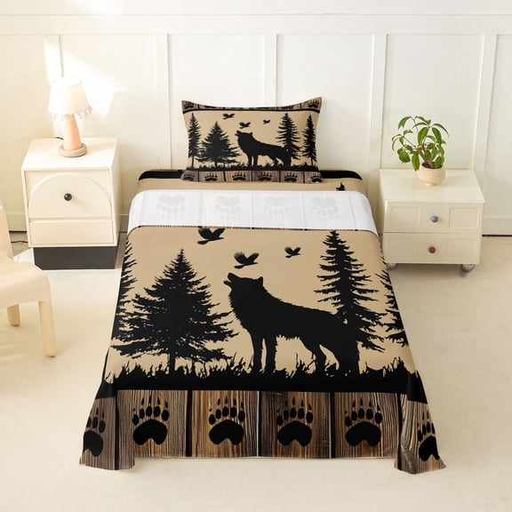 Manfei Wild Wolf Twin Sheets,Woodland Bird Bedding,Brown,3pcs,1 Fitted Sheet and 1 Pillowcase