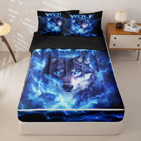 Manfei Wild Wolf Zipper Twin Comforter Sets with Fitted Sheet and 2 Pillowcases,Blue Fire Pattern Zipper Bedding Set,Black Reversible,4pcs