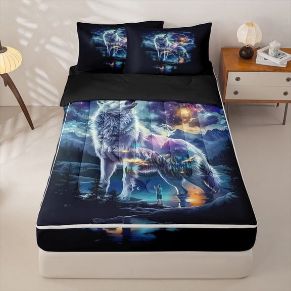 Manfei Wild Wolf Zipper Twin Comforter Sets with Fitted Sheet and 2 Pillowcases,Dark Night Lake Zipper Bedding Set,Purple Blue,Black Reversible,4pcs