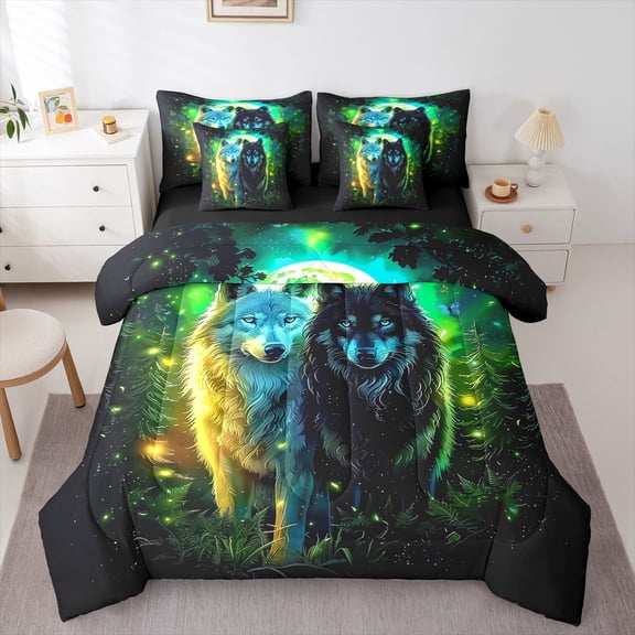 Manfei Wild Wolves 7-Piece Twin Bedding,Dark Moon Woodland Bedding Comforter Set,Green Black,Black Reversible