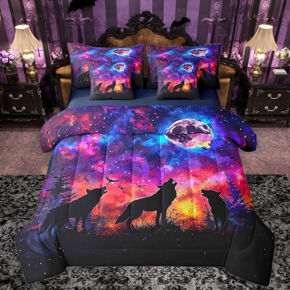 Manfei Wild Wolves 7pcs Bedding Comforter Set,Colorful Sky Aurora Queen Bedding Sets,Watercolor Ink Painting Queen Sheet Sets For Boys Kids,Super Cozy Room Decor Reversible