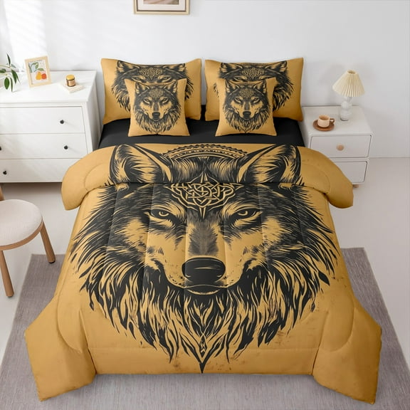 Manfei Wild Wolves 7pcs Bedding Comforter Set,Jungle Wildlife Wolf Queen Bedding Sets,Black Orange Queen Sheet Sets For Boys,Super Cozy Room Decor Reversible