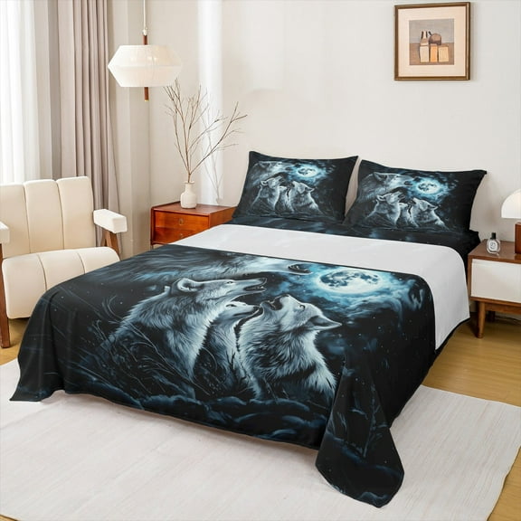 Manfei Wild Wolves Bed Sheets Queen,Jungle Wildlife Bedding Queen Size,Howling Wolf Sheet Set Queen,Breathable Bedroom Decor,4-Piece