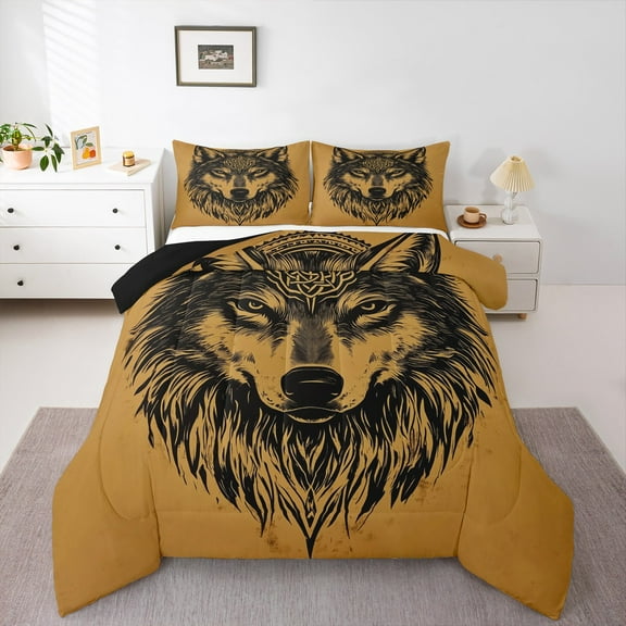 Manfei Wild Wolves Bedding Comforter Set,Jungle Wildlife Wolf Twin Comforter Sets,Black Orange Bedding Set For Boys,Super Cozy Room Decor Reversible,2pcs