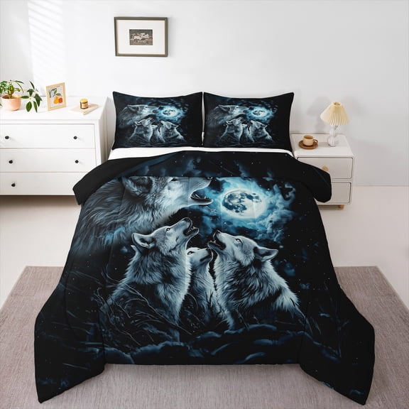 Manfei Wild Wolves Bedding Full Comforter Set,Jungle Wildlife Down Comforter,Howling Wolf Bedding Sets Full with Comforter,Breathable Bedroom Decor Reversible,3 Pieces