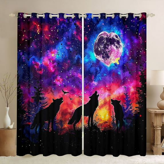 Manfei Wild Wolves Black Out Curtains,Colorful Sky Aurora Curtains Pack of 2 (42x63 Each),Watercolor Ink Painting Bedroom Curtains For Boys Kids,Super Cozy Room Decor
