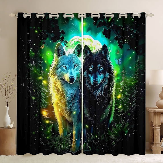 Manfei Wild Wolves Blackout Curtains,Dark Moon Woodland Curtains Pack of 2 (42x84 Each),Green Black