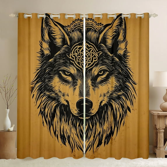 Manfei Wild Wolves Blackout Curtains Set of 2 (52x84 Each),Jungle Wildlife Wolf Window Curtains,Black Orange Curtains and Drapes For Boys,Super Cozy Room Decor