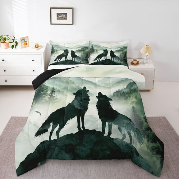 Manfei Wild Wolves Full Size Comforter Sets,Natural Mountain Bedding Comforter Set,Green,Black Reversible,3-Piece,1 Comforter and 2 Pillowcases