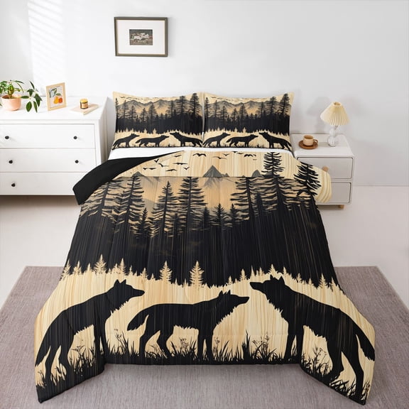 Manfei Wild Wolves Queen Comforter Set,Wooded Pine Grove Comforter Sets Queen,Brown,Black Reversible,3-Piece,1 Comforter and 2 Pillowcases